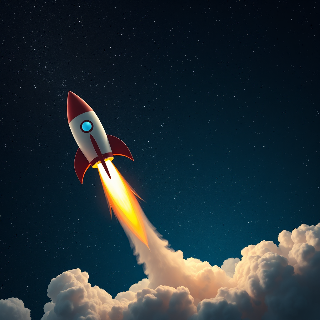 A photorealistic image depicting a rocket launching into space, symbolizing the rapid growth and success achieved through effective promotion. The background is a starry night sky. 4K resolution.
