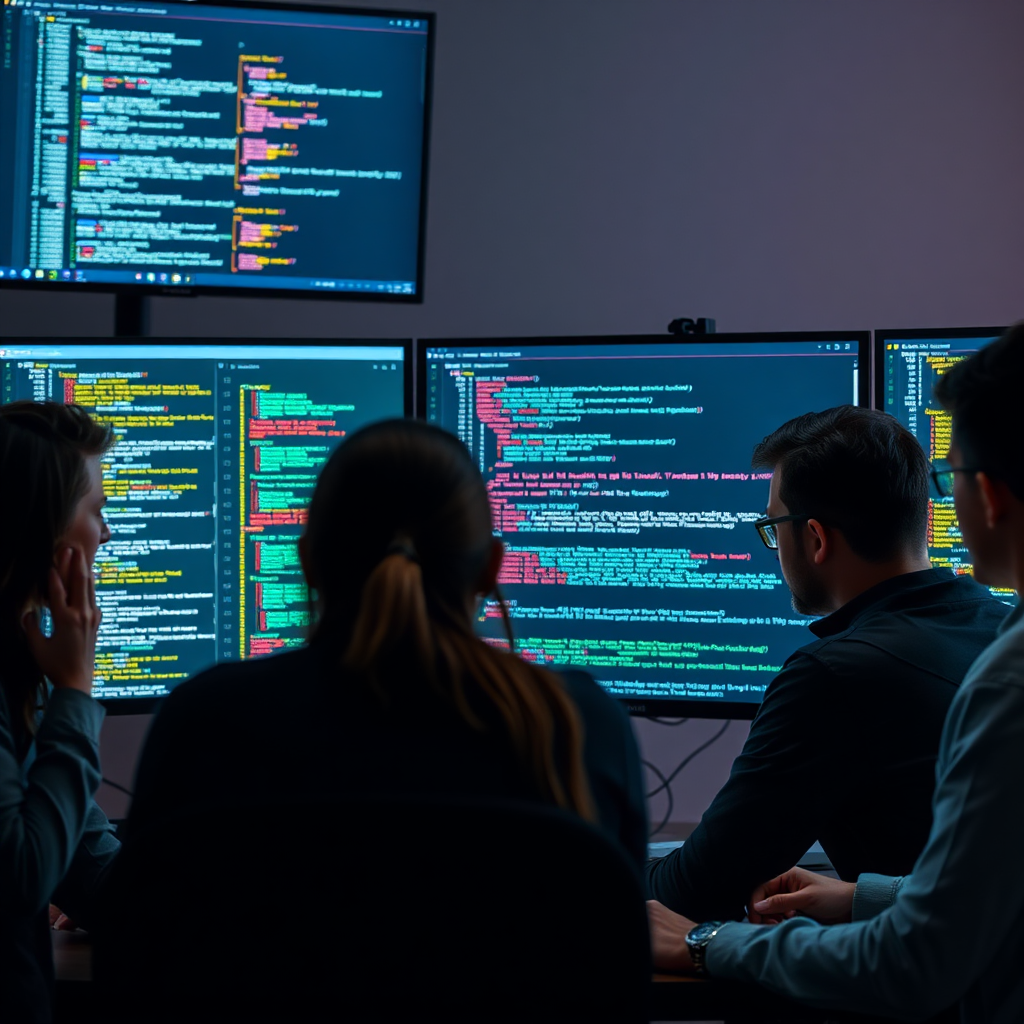 A photorealistic image displaying a team of developers working on a website's code. Multiple screens showcase various aspects of web development, including front-end design, back-end logic, and database management. The lighting is soft and focused, highlighting the intricacies of the code. 4K resolution.