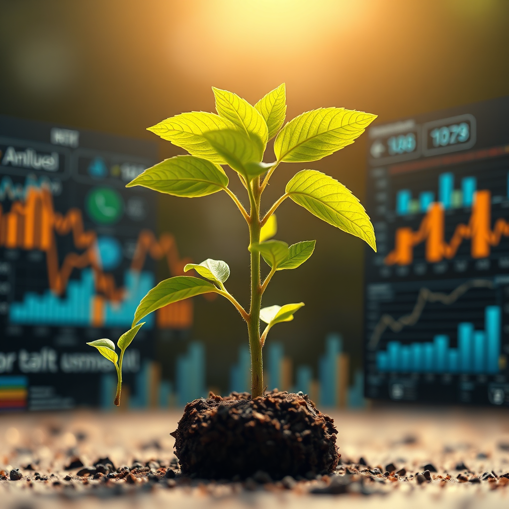 A photorealistic image showing a plant growing from a small seed to a thriving tree, symbolizing the growth of a business. The tree is surrounded by data streams and analytics dashboards, representing the data-driven approach to growth. The lighting is warm and natural. The camera angle is a close-up shot emphasizing the details of the plant. 4K resolution.