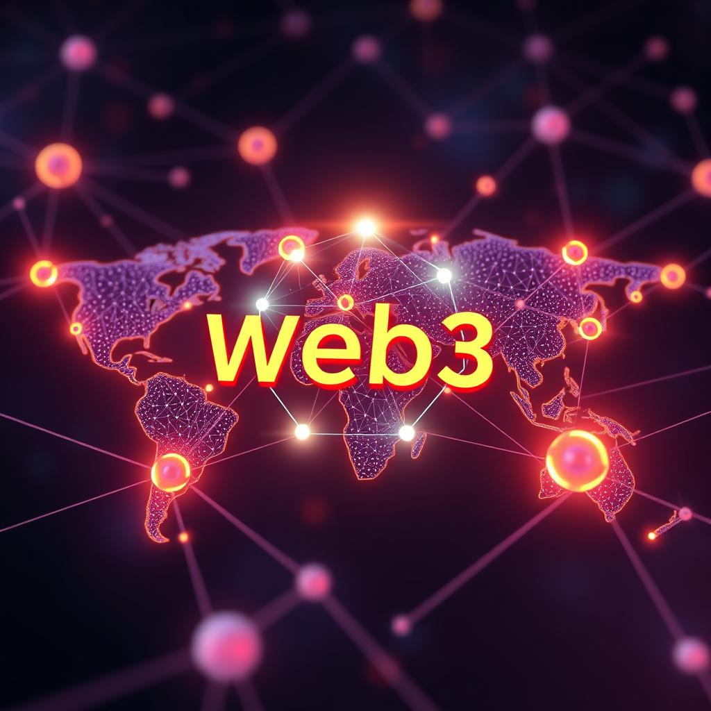 A stylized image representing the decentralized nature of web3. The scene features interconnected nodes forming a global network, symbolizing blockchain technology. The color palette is futuristic and vibrant. 4K resolution.