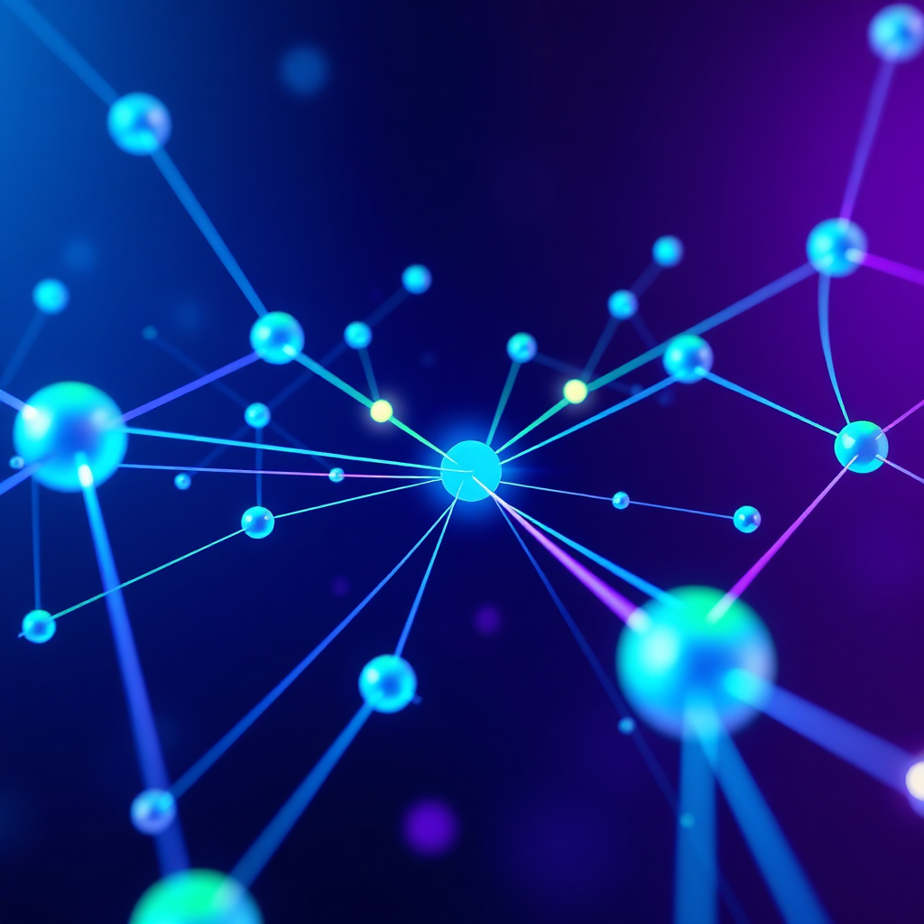 A stylized image representing the interconnectedness of web2 and web3 technologies. The central element is a glowing, abstract network of nodes and lines, symbolizing the flow of data and information. The color palette consists of vibrant blues, greens, and purples, creating a sense of energy and innovation. The nodes are interconnected by lines that represent different data streams, and the lines converge at a central point, representing the user's experience. The background is a soft, gradient of dark blues and purples, creating a sense of depth and dimensionality. The camera angle is a slightly elevated perspective, looking down at the network to convey a sense of control and oversight. Textural details include subtle glows and shimmering effects, adding to the visual appeal. The style is inspired by modern abstract art, with a focus on clean lines and bold colors. The image should be high quality with a resolution of 4K.